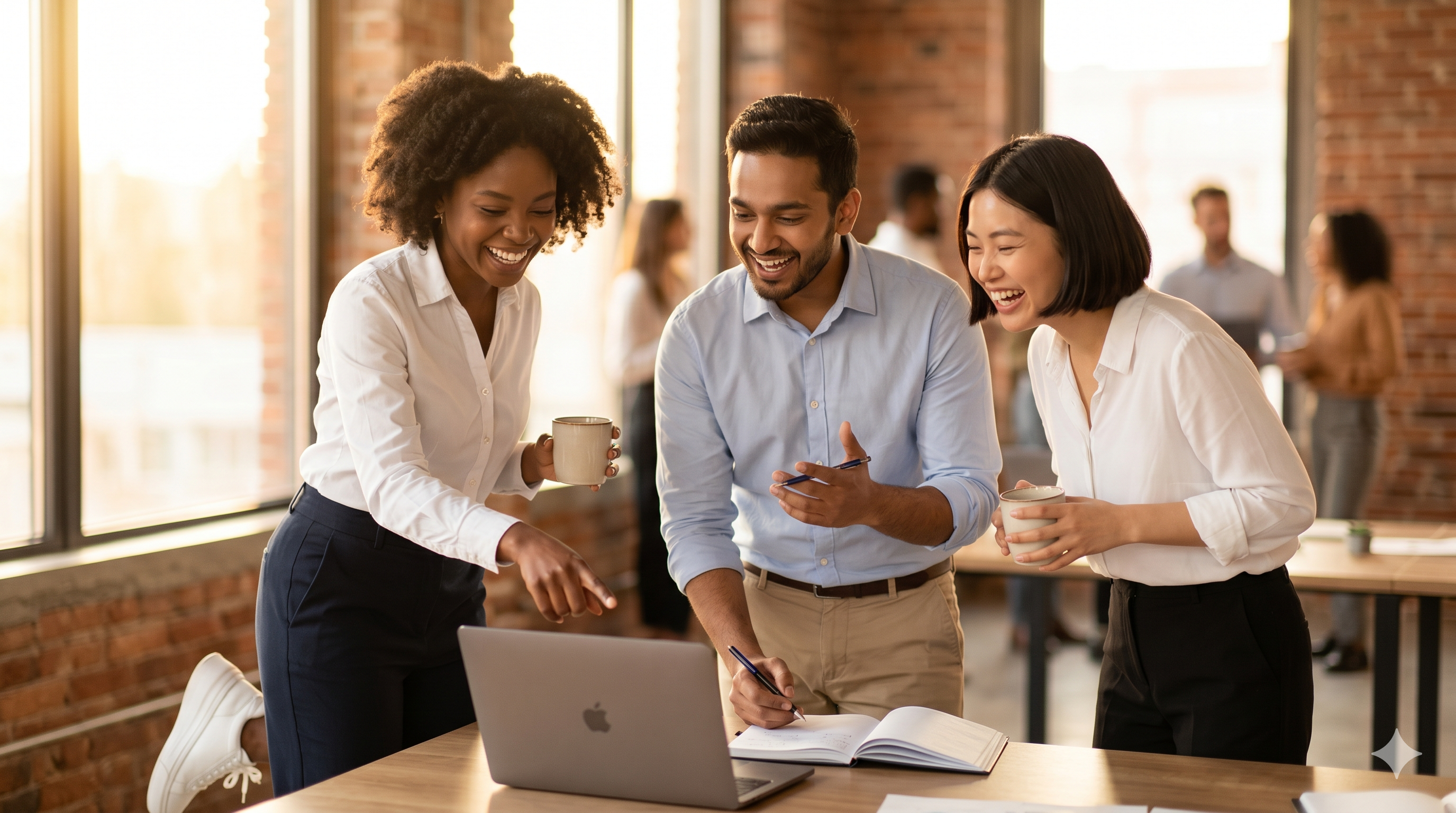 Stock-Photo-Cliché — generisches diverses Team mit Laptop, warmer Bokeh, austauschbar